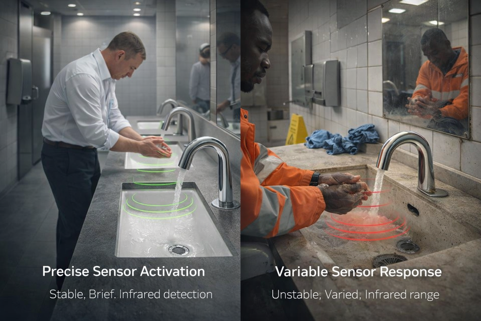 High-traffic institutional restroom environment illustrating real-world variability affecting touchless faucet sensor performance, user behavior, and lifecycle reliability